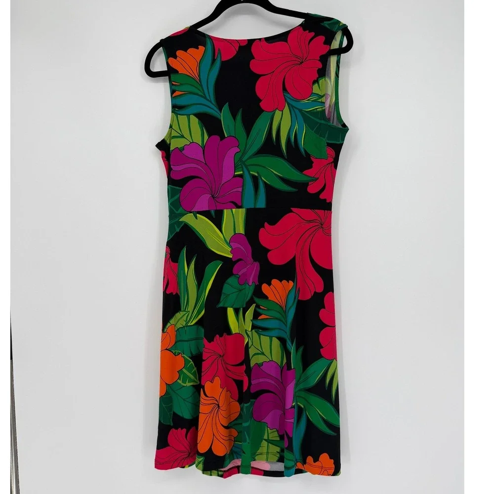 Susan Graver Liquid Knit Tropical Floral Dress and Cardigan Set Black Multi M